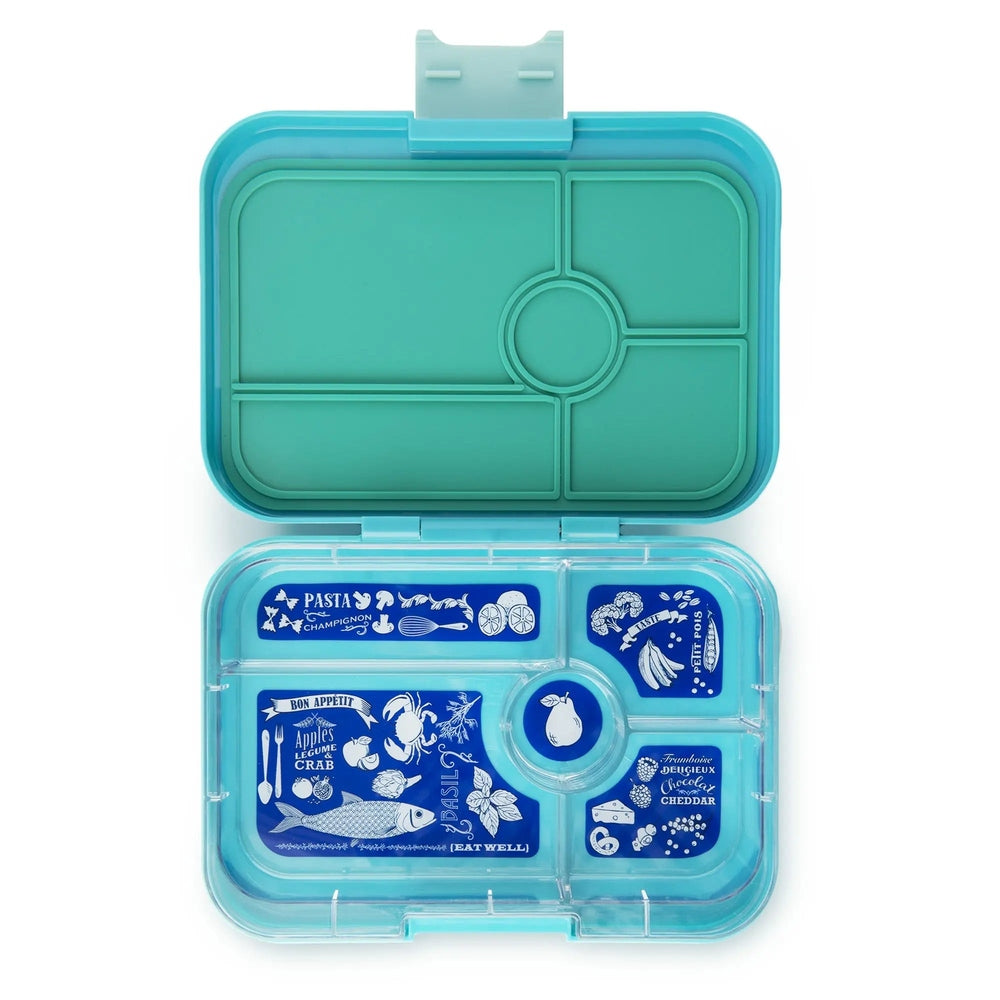 Yumbox Tapas 5-compartment lunchbox in teal blue, opened to reveal five blue inserts and a circular center divider.