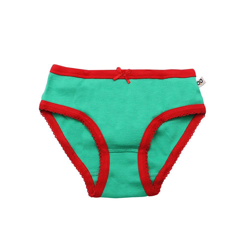 Zoocchini toddler underwear green with red trim and small bow, logo tag visible