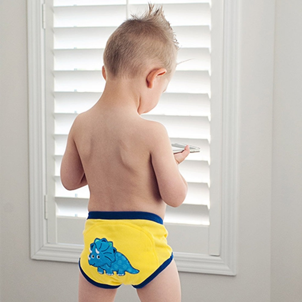 Zoocchini toddler organic potty training pants 3-pack Jurassic Pals, yellow with blue trim and dinosaur graphic