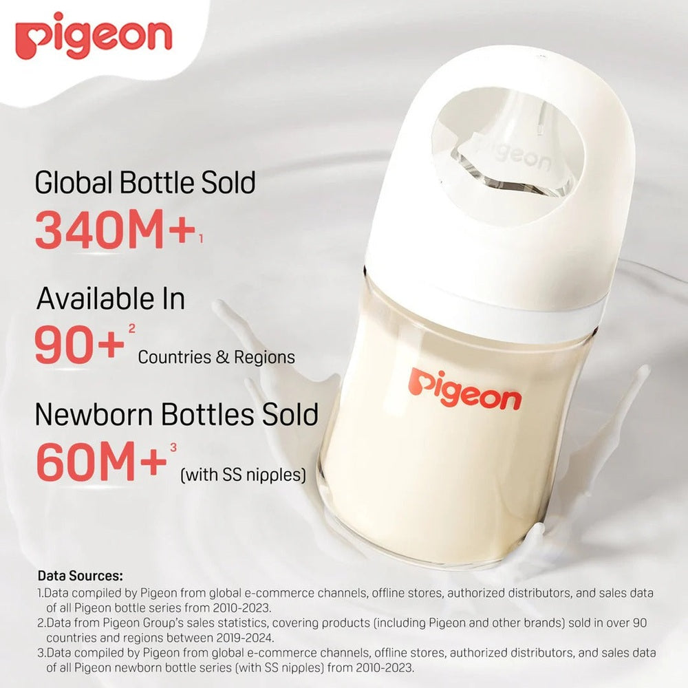 Pigeon PPSU Bottle 8oz with M nipple, upright on a surface with milk inside and Pigeon logo visible.