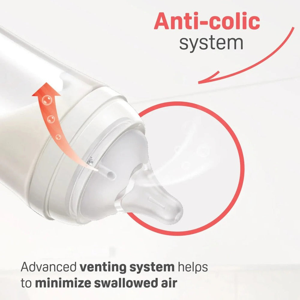 Pigeon PPSU Bottle 8oz with M Nipple, anti-colic venting system shown reducing swallowed air during feeding.