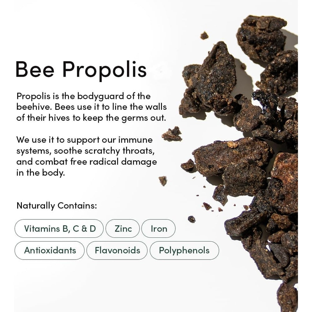 Beekeeper's Naturals Kid’s Immune Support Wellness Wands Variety Pack 15 ct infographic with propolis chunks and vitamins.
