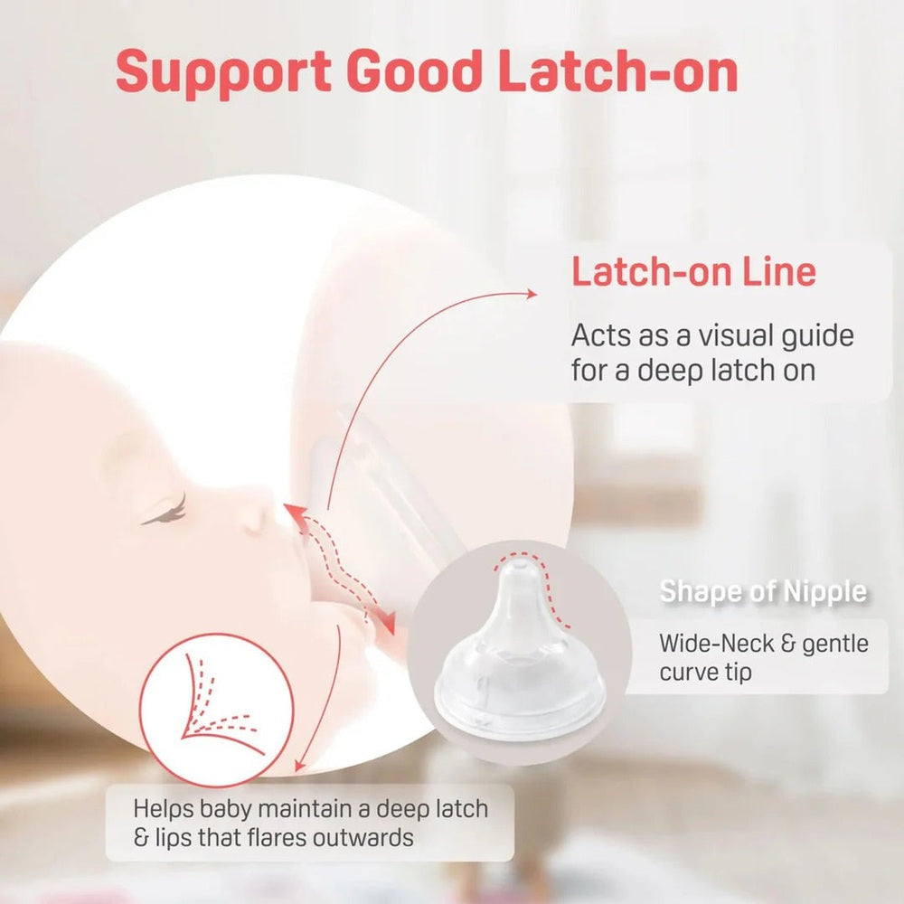 Pigeon PPSU Bottle 8oz with M Nipple; infant demonstrates deep latch with wide-neck nipple.