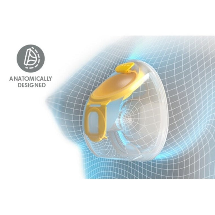 Medela Motioninbra Double Electric Breast Pump with yellow shield and clear flanges, anatomically designed for comfort.