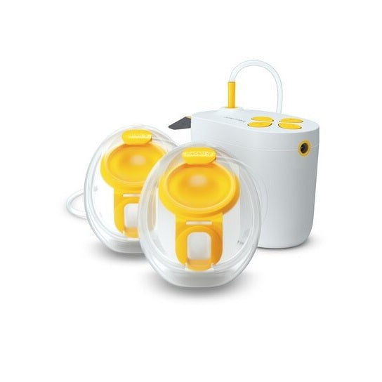 Medela Motioninbra Double Electric Breast Pump; white unit with two yellow flanges and connected tubing.