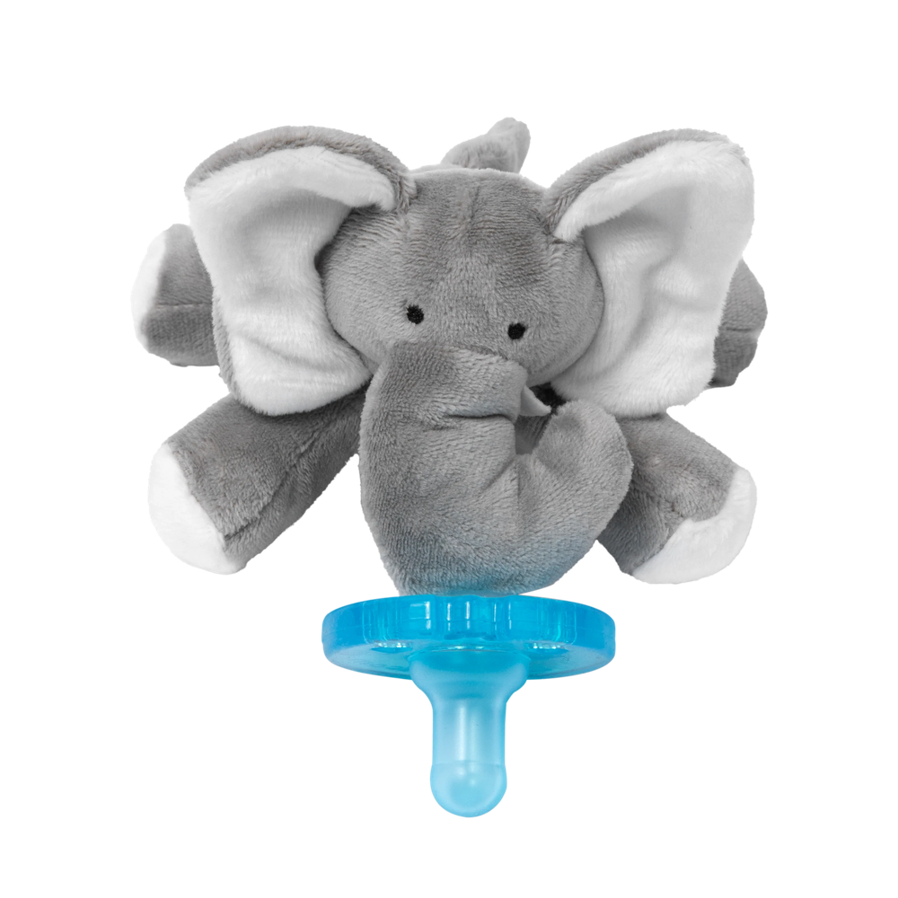 WubbaNub Infant Plush Toy Pacifier Grey Elephant by Aurora; plush elephant attached to blue pacifier ring.