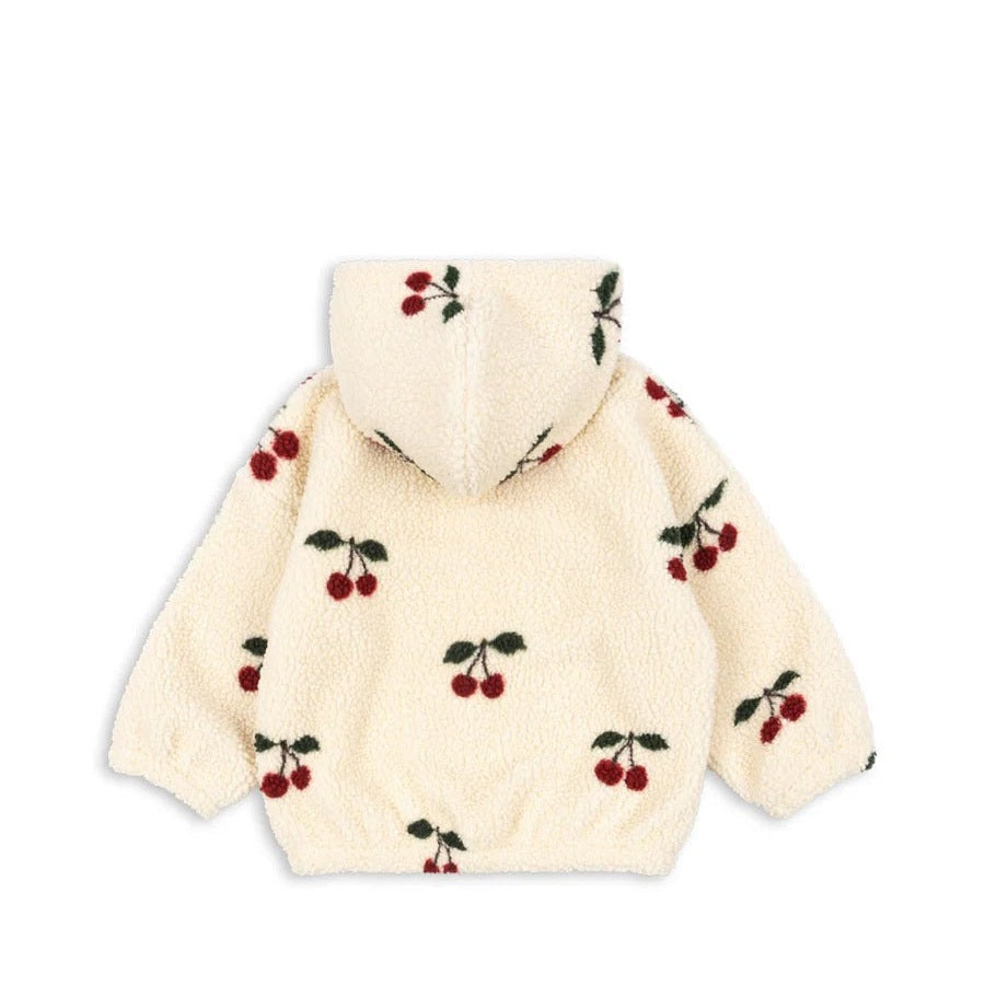 Konges Slojd Jody Teddy Jacket Ma Grande Cerise, cream plush coat with cherry prints and hood.
