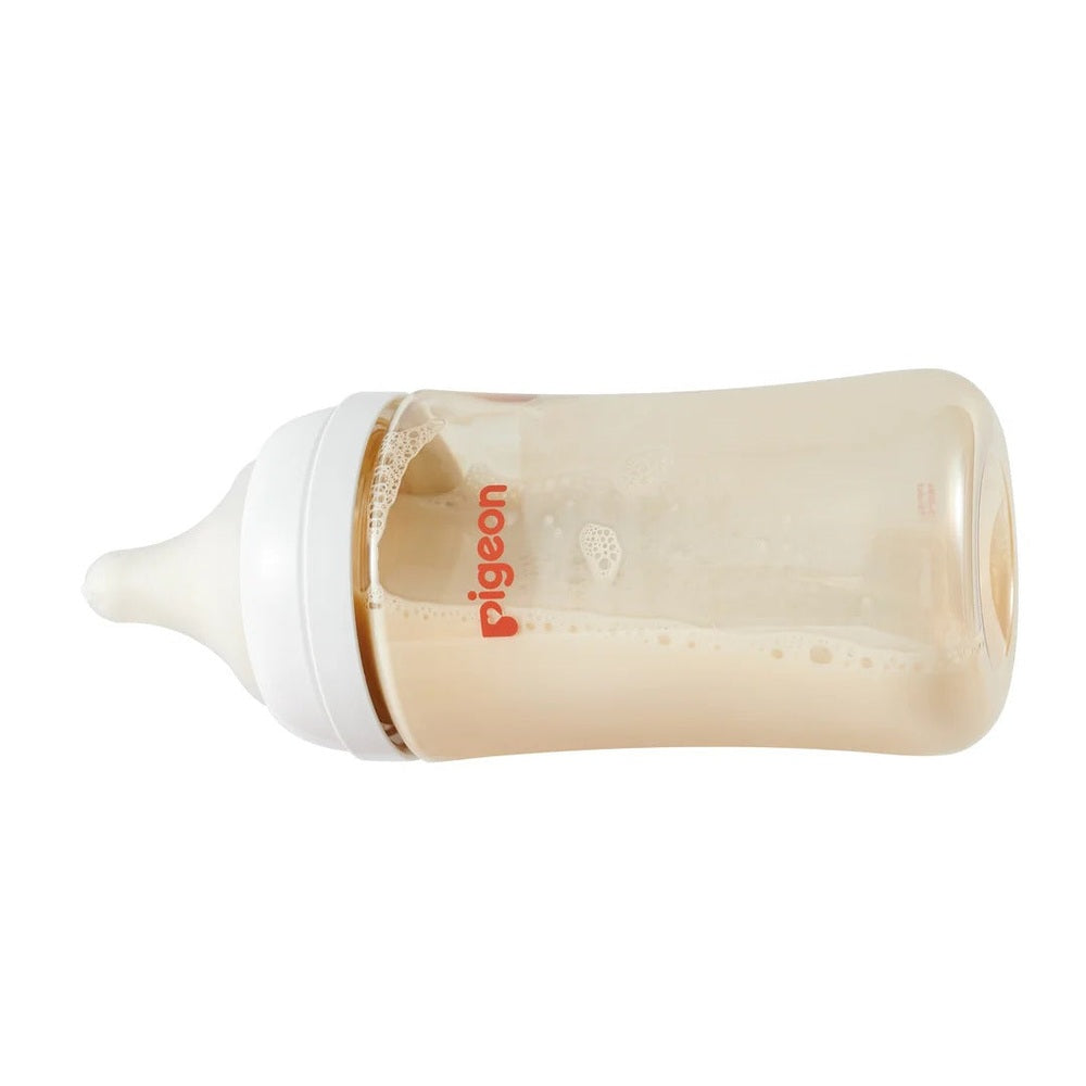 Pigeon PPSU Bottle 8oz with M Nipple, clear bottle with white cap tilted for feeding milk.