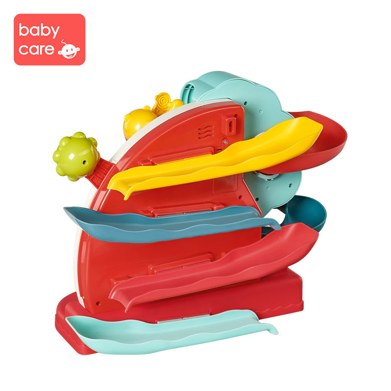 BC BABYCARE Slam Dunk Bear & Ramp Roller, red base with turquoise and yellow ramps and a bear figure.