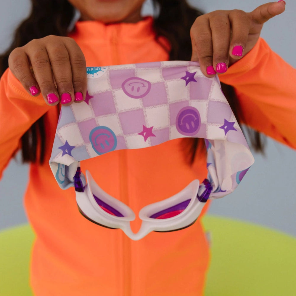 Splash swim goggles smiley pattern pink and purple