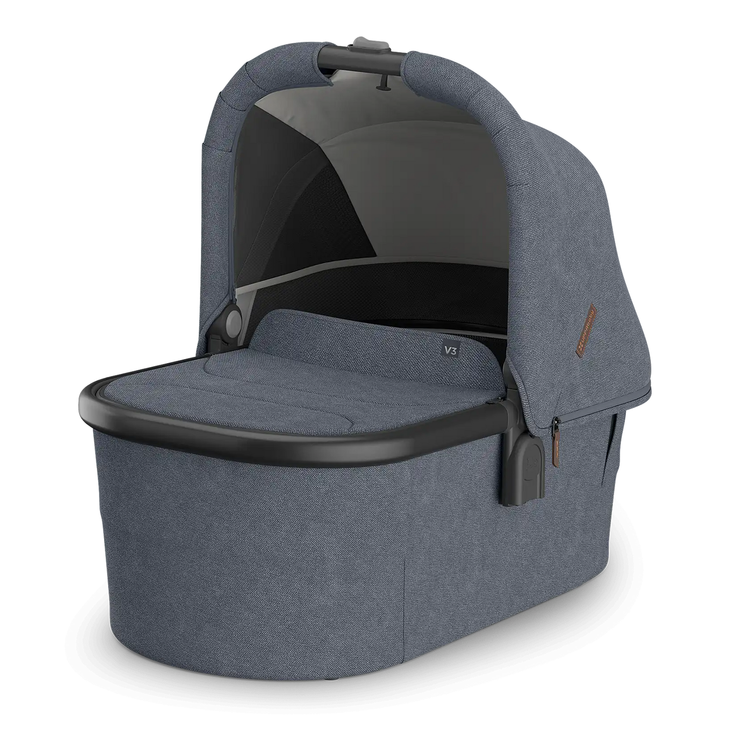UPPAbaby Bassinet V3 in blue-gray fabric with canopy and padded interior