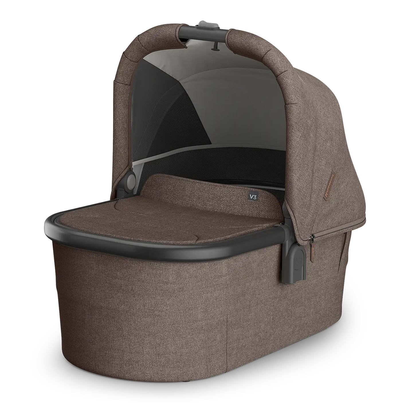 Uppababy Bassinet V3 in brown textured fabric with canopy, carry handle, and side zipper.