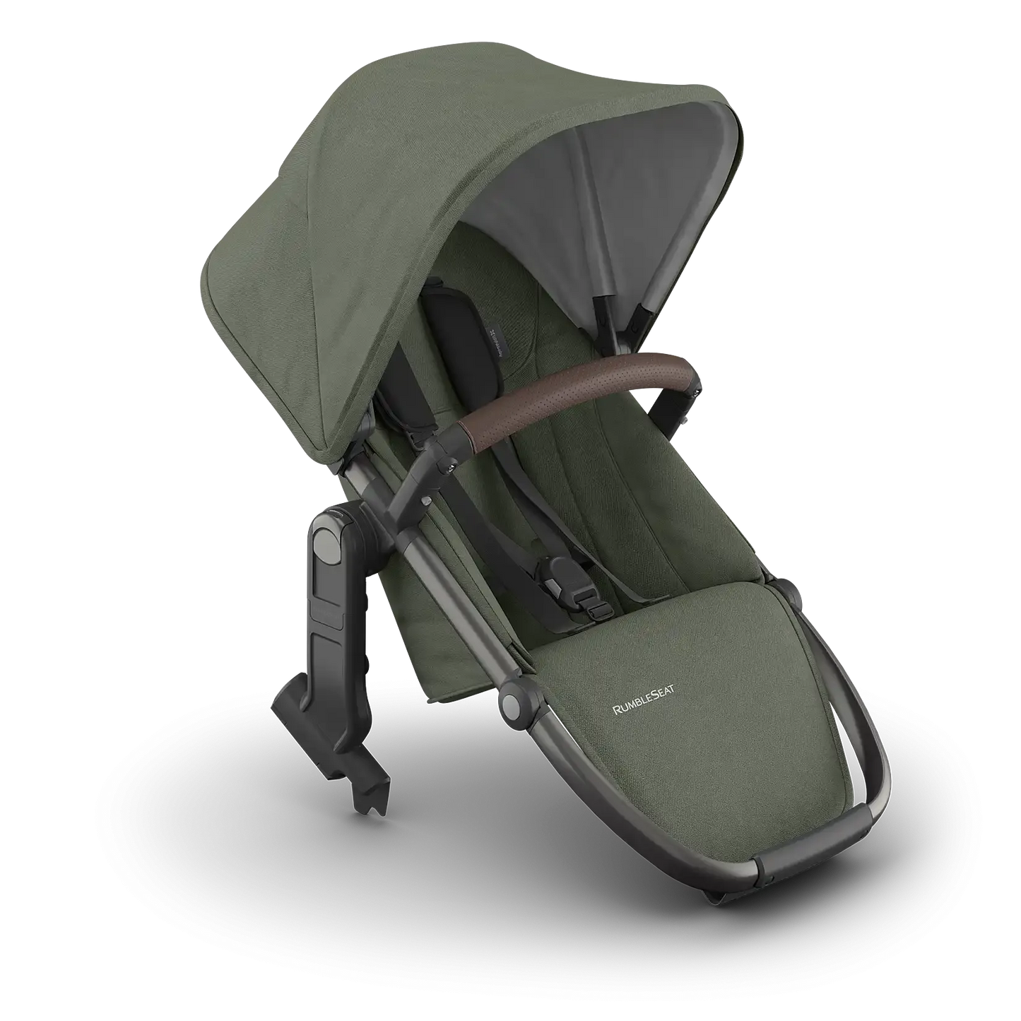 UPPABABY Vista Rumble Seat V3 in olive green attached to stroller frame for a two-child setup