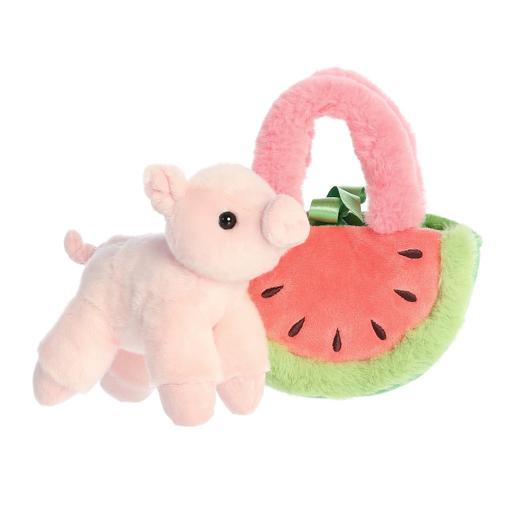 Plush toy elephant holding a watermelon slice with a pink handle on a white background