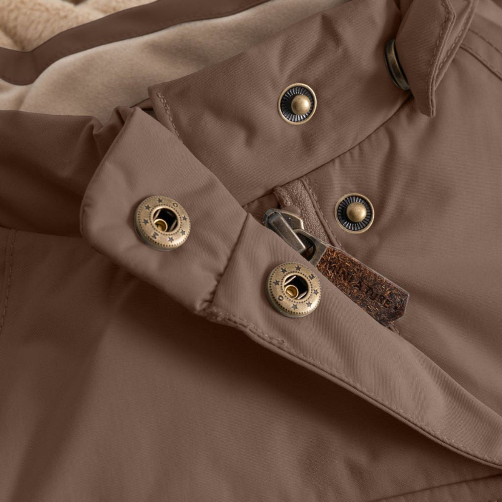 MINI A TURE Matwang fleece-lined winter jacket for babies, chestnut brown with brass snaps