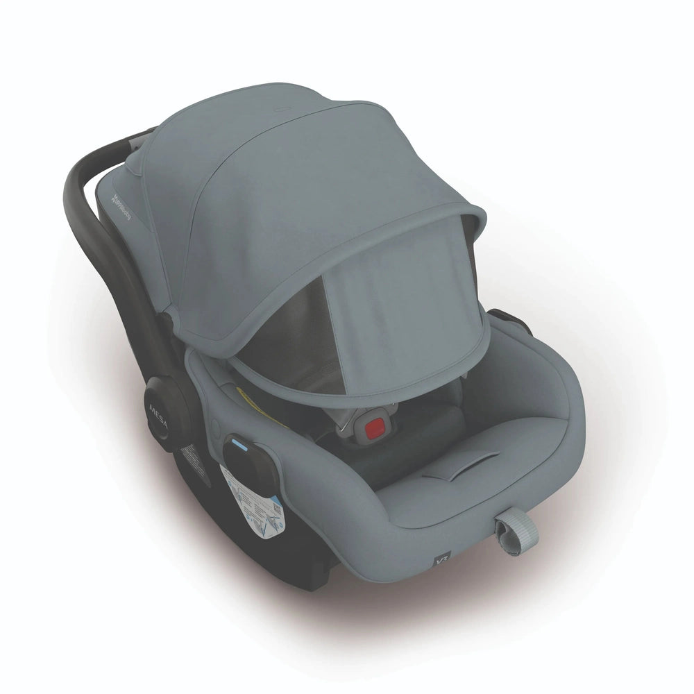 UPPAbaby Mesa V3 Infant Car Seat in gray with extended canopy and curved carry handle.