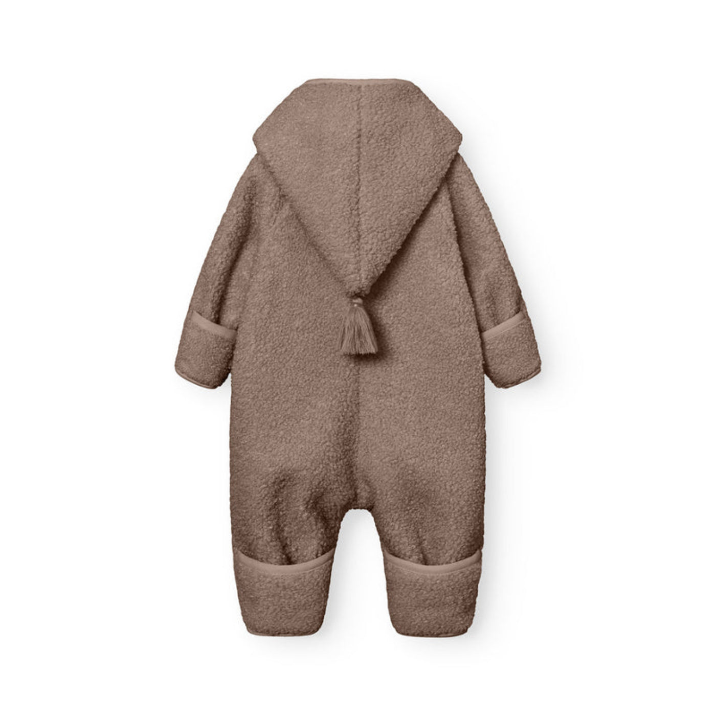 MINI A TURE Matadel teddyfleece jumpsuit in grey-brown with hood and tassel.