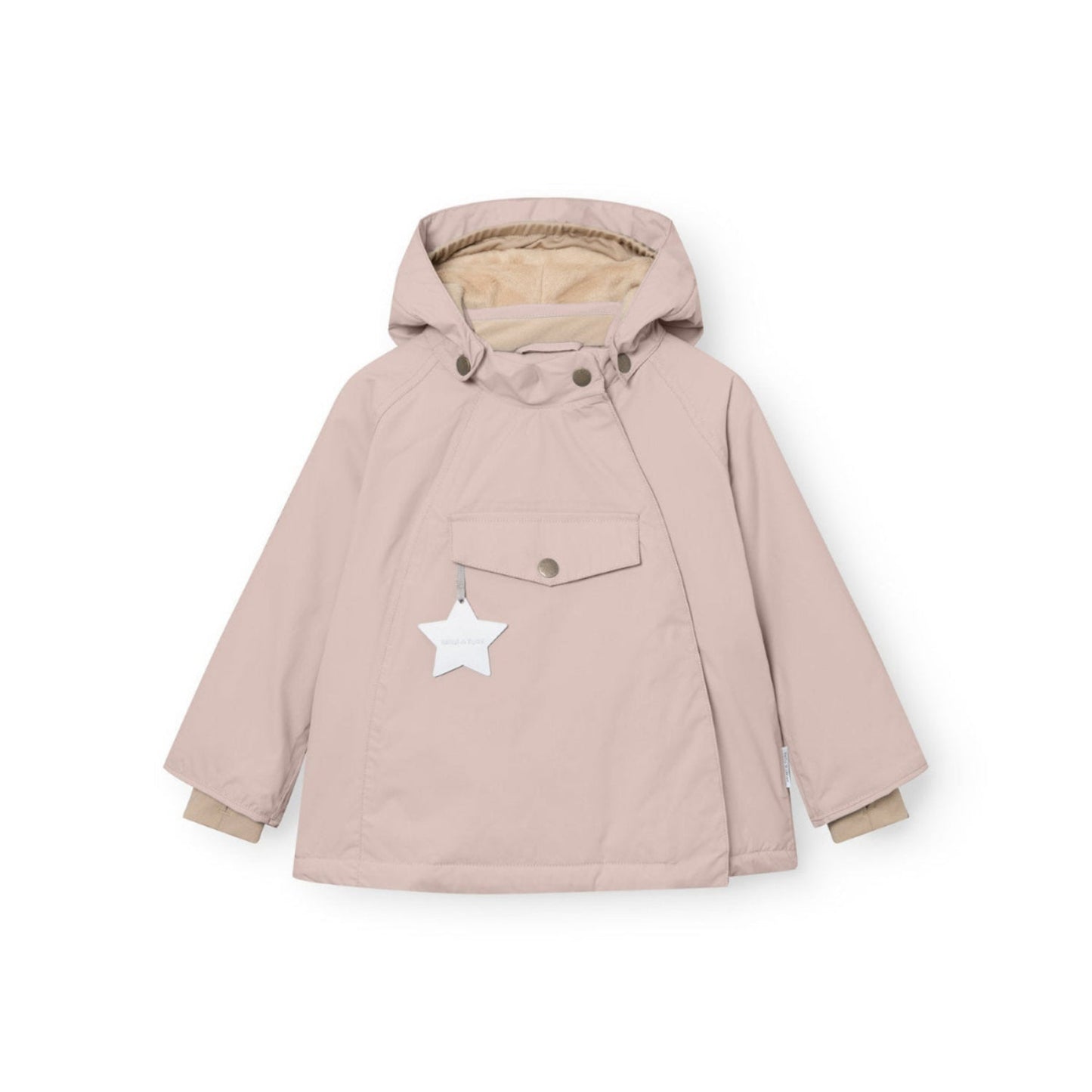MINI A TURE Matwang fleece-lined winter jacket in cloudy rose pink with hood and front flap pocket.