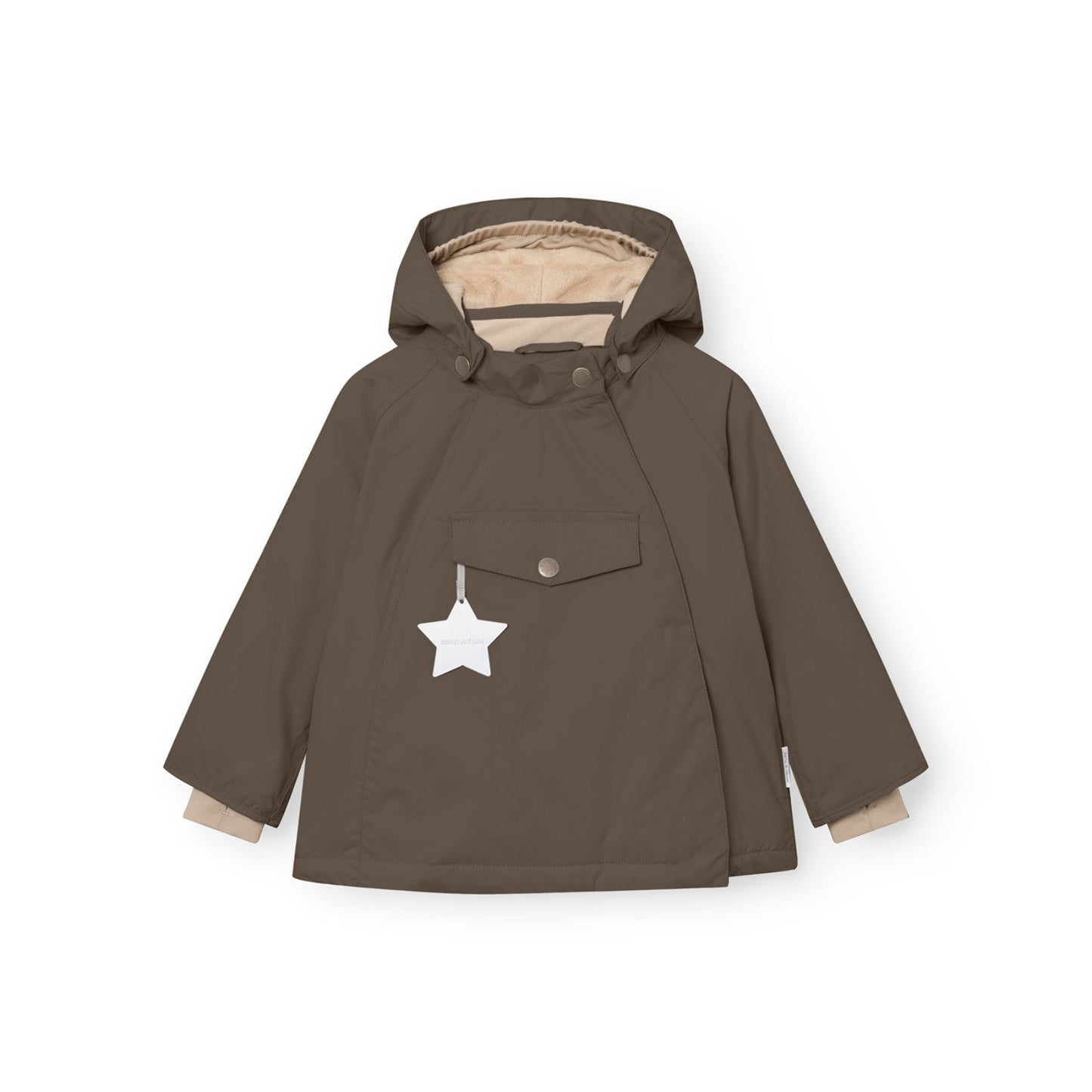 MINI A TURE Matwang fleece-lined winter jacket in tarmac green for babies with hood and front pocket star tag