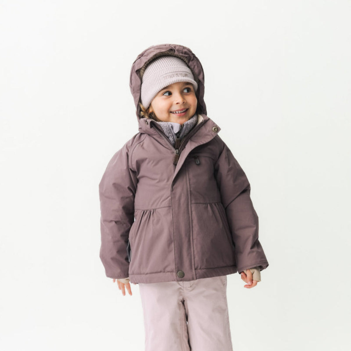 MINI A TURE Matbriddine fleece-lined winter jacket in plum peppercorn for toddlers with hood