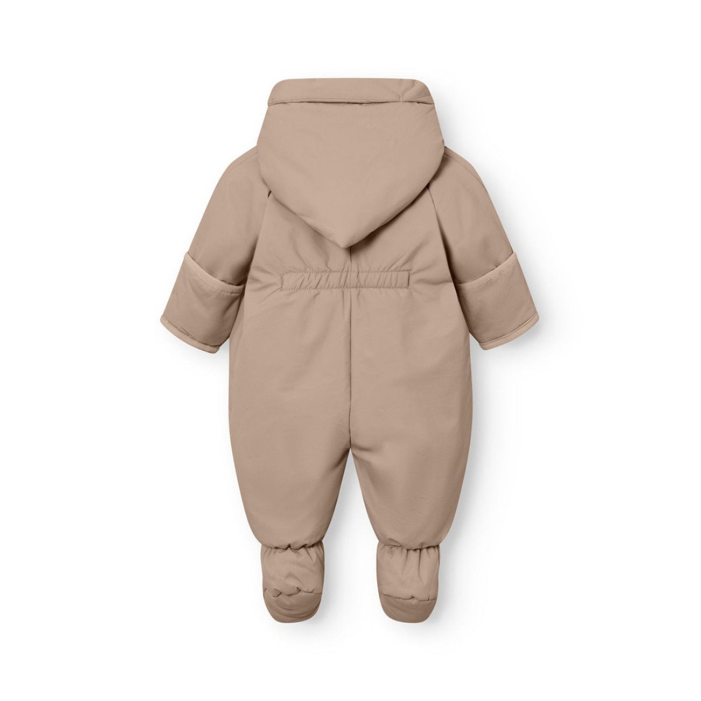 MINI A TURE Matfianna fleece-lined winter pramsuit in Savannah tan; baby footed romper with hood