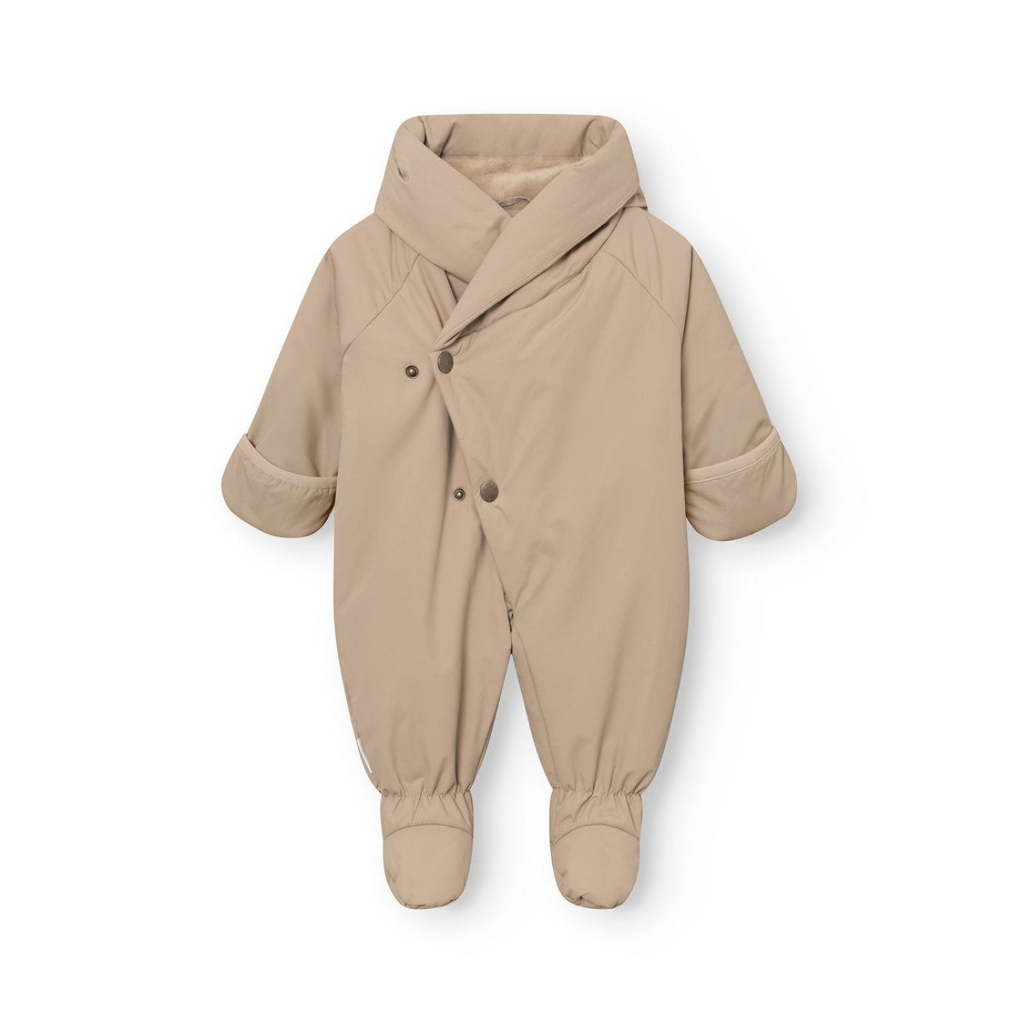 MINI A TURE Matfianna fleece-lined tan pramsuit romper for babies, warm outerwear.