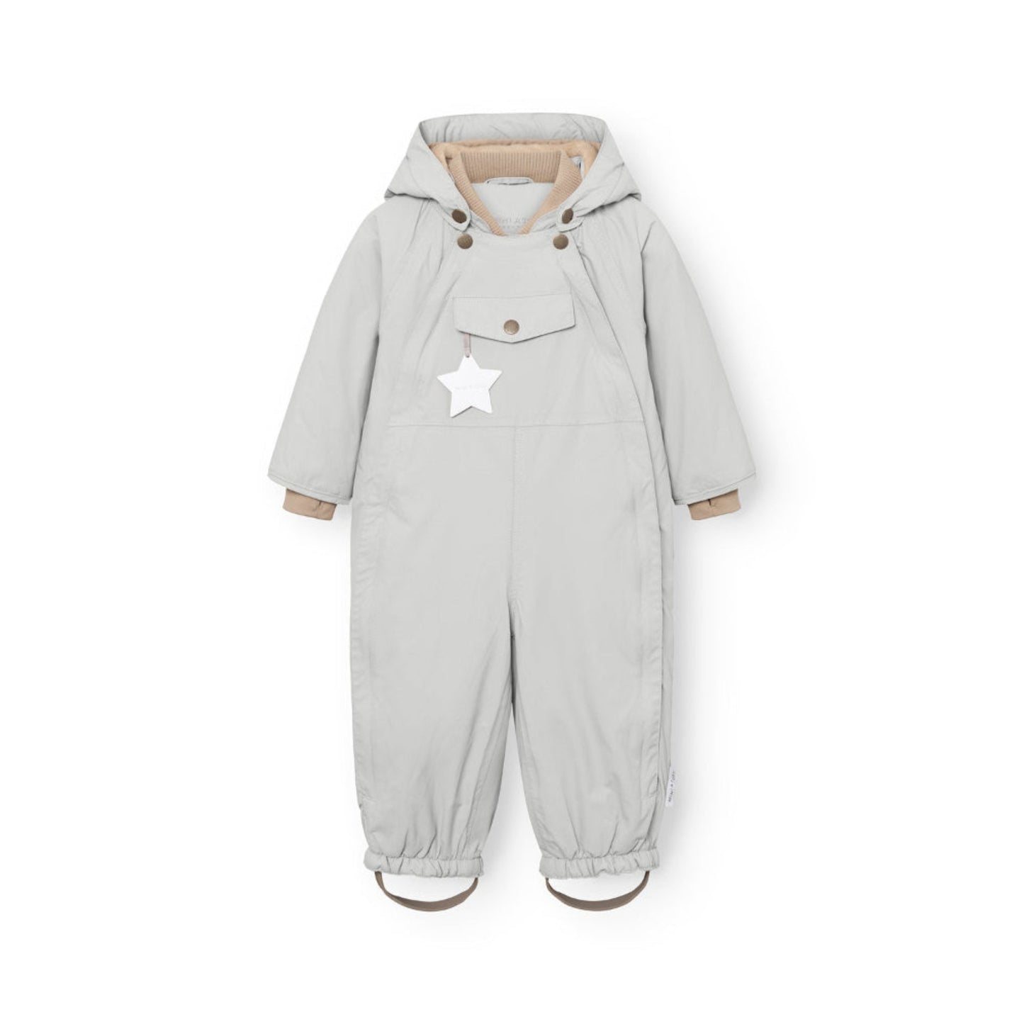 MINI A TURE Matwisti fleece-lined snowsuit in Puritan Grey, hooded baby one-piece with front pocket