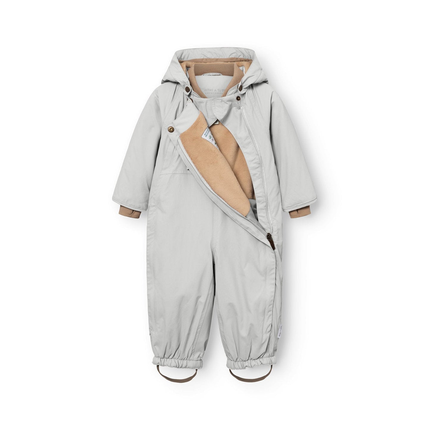 MINI A TURE Matwisti fleece-lined snowsuit in puritan grey for babies, with tan fleece lining and hood