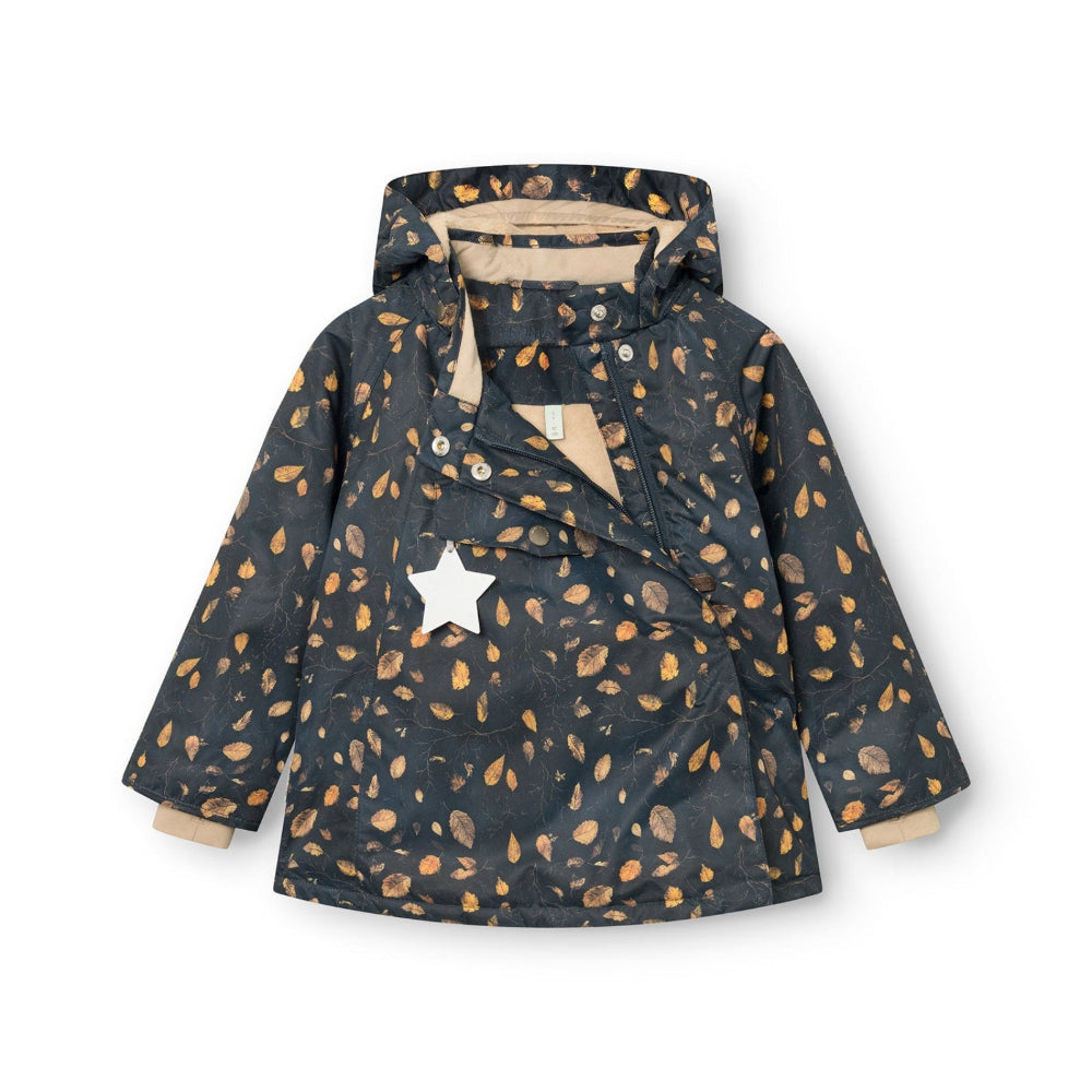 MINI A TURE Matwang fleece-lined winter jacket with brown leaf print on navy

