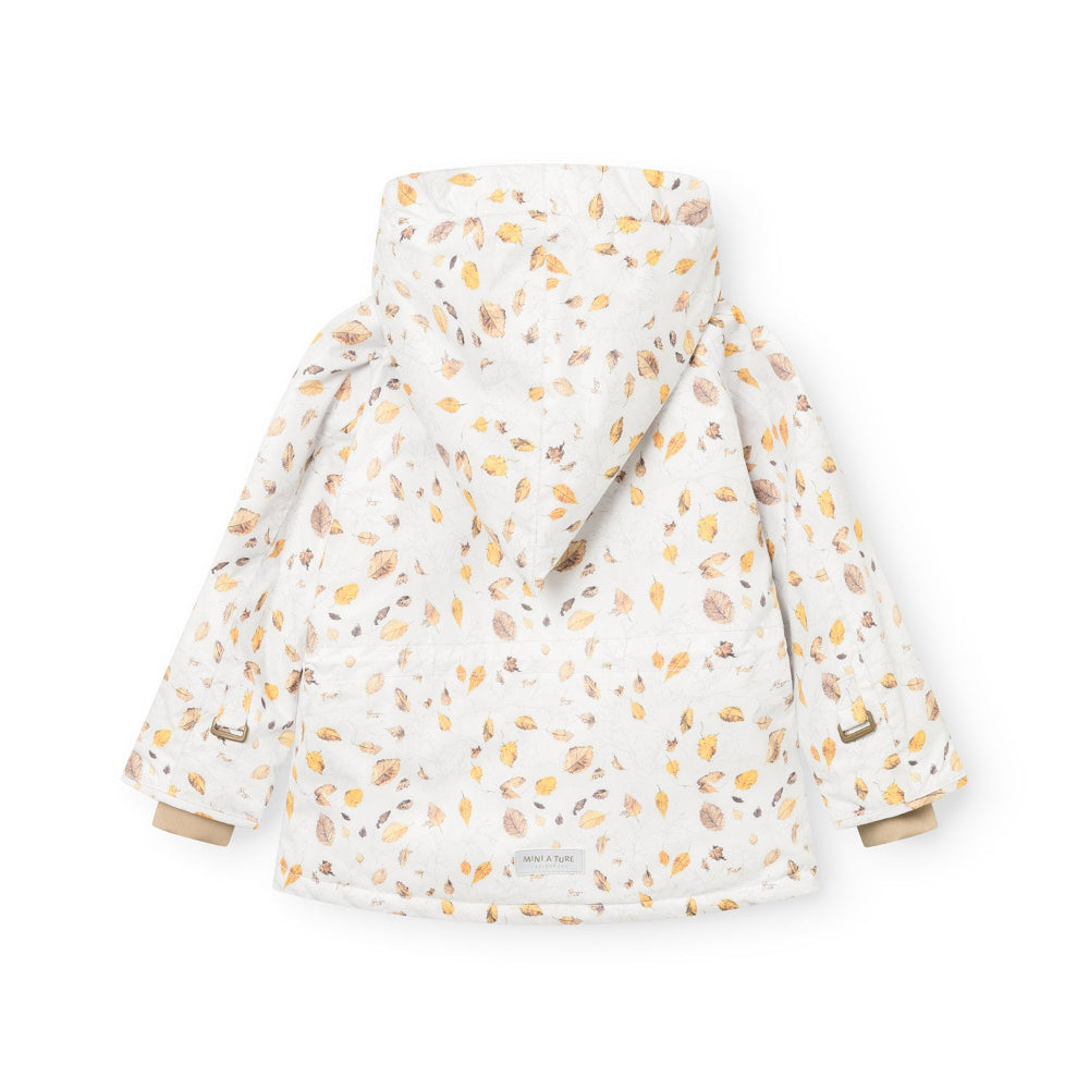 MINI A TURE Matwang fleece-lined winter jacket in white with autumn leaf print for babies