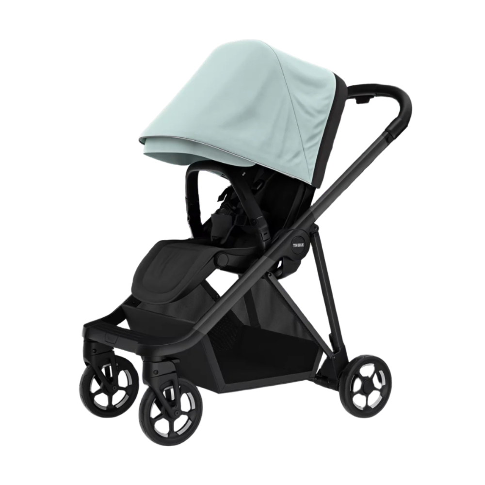 Thule Shine stroller with light blue canopy and black frame