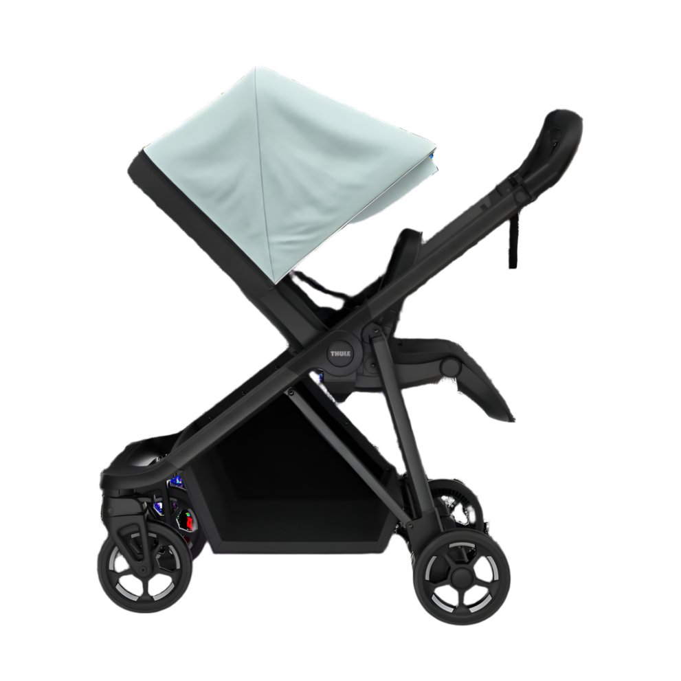 Thule Shine stroller with light blue canopy and black frame