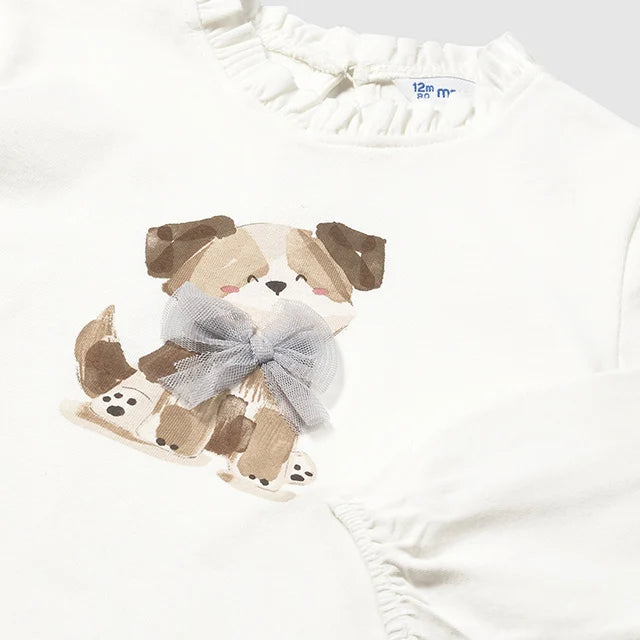 Mayoral Girls Cotton Dog Print Top Shirt Cream