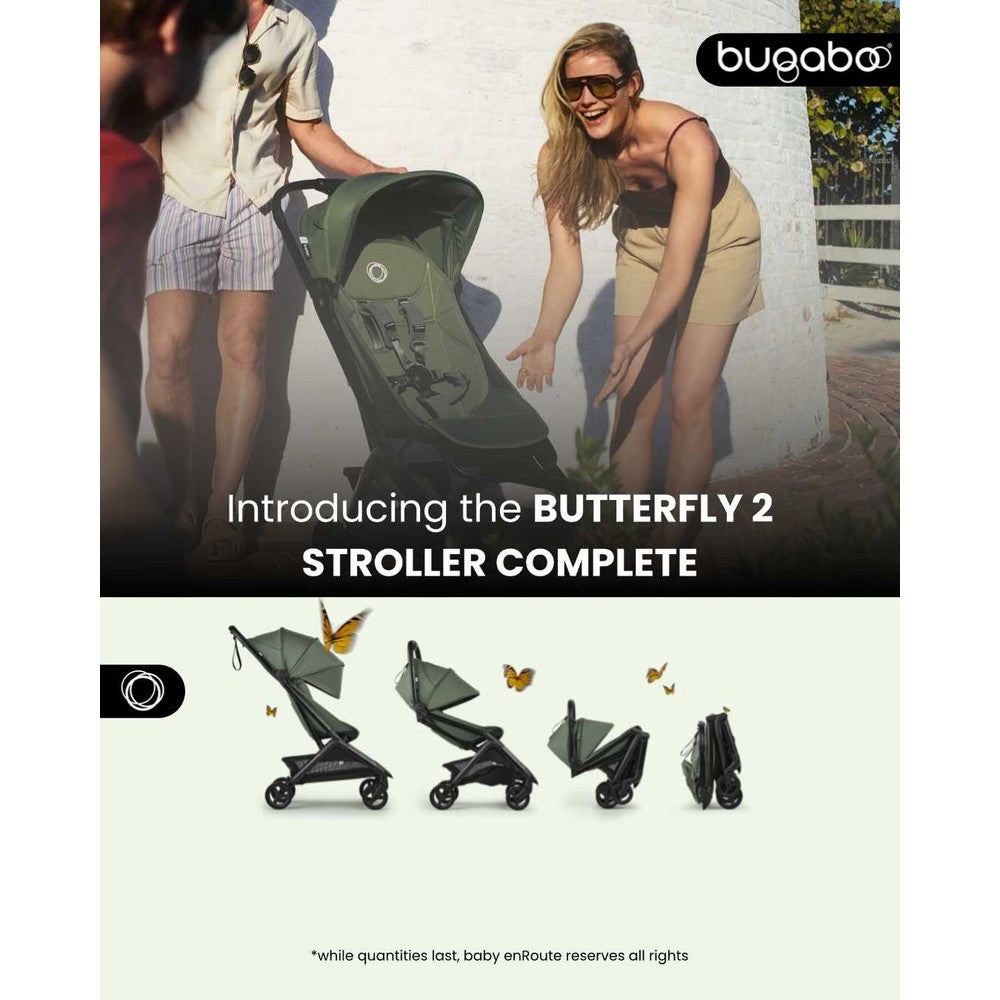 Bugaboo Butterfly 2 Stroller Complete bundle in olive-green, shown unfolding and folded with bumper bar outdoors.