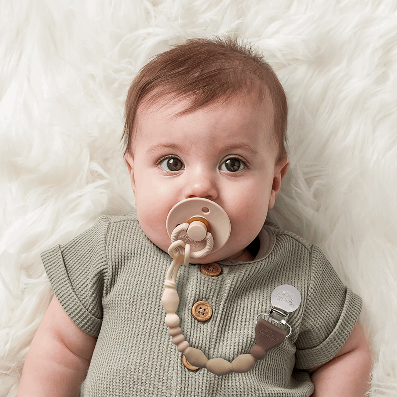 Itzy Ritzy Sweetie Strap Plus pacifier clip with beige beads