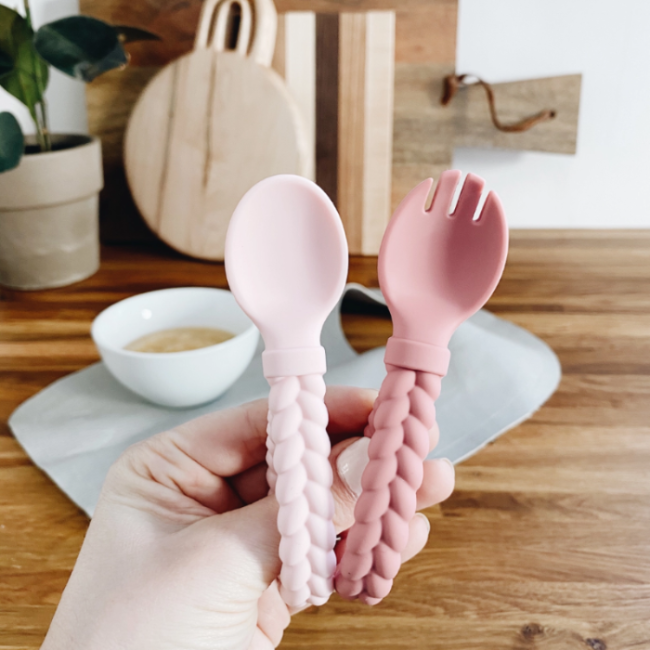 Itzy Ritzy Sweetie spoon and fork set, 2 pieces, pink braided silicone handles