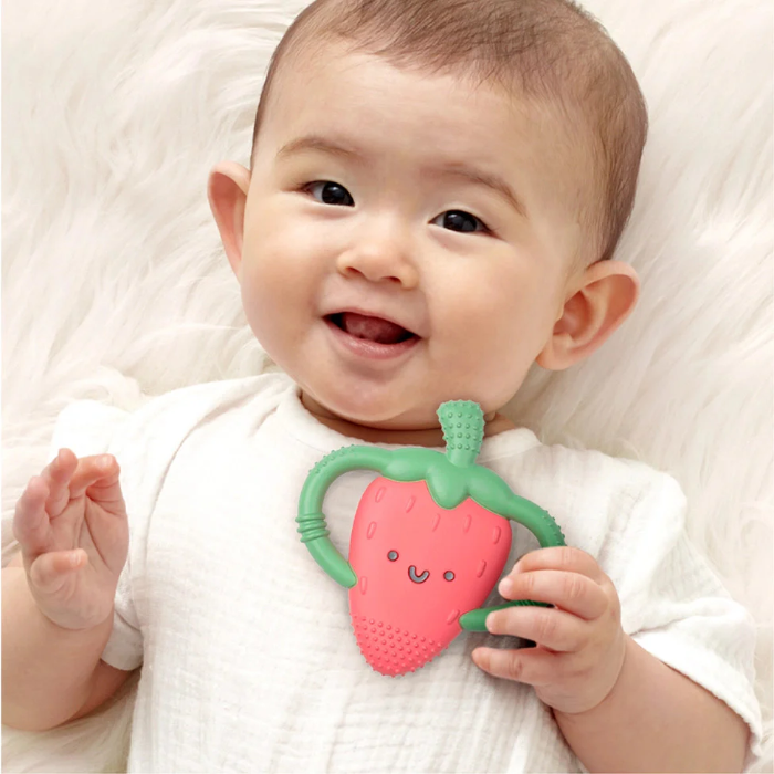 Itzy Ritzy Chew Crew strawberry teether with green loops