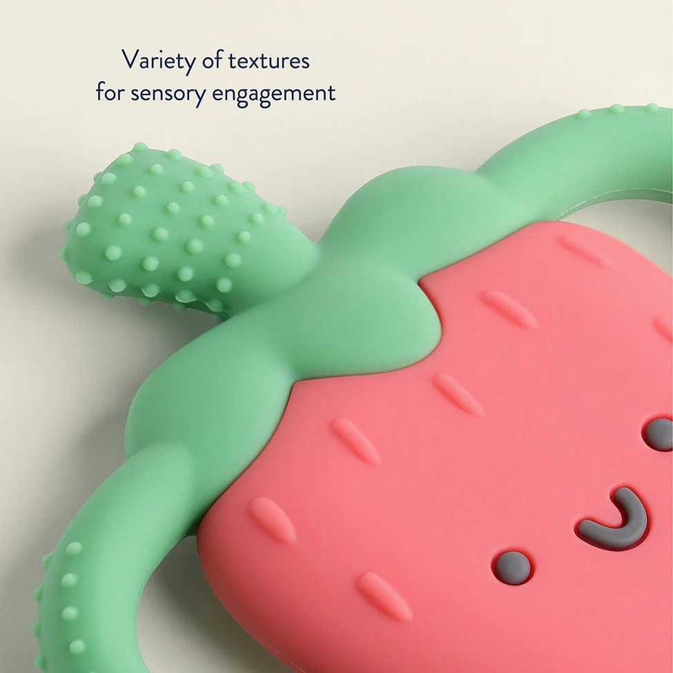 Itzy Ritzy Chew Crew teether pink strawberry with mint green stem