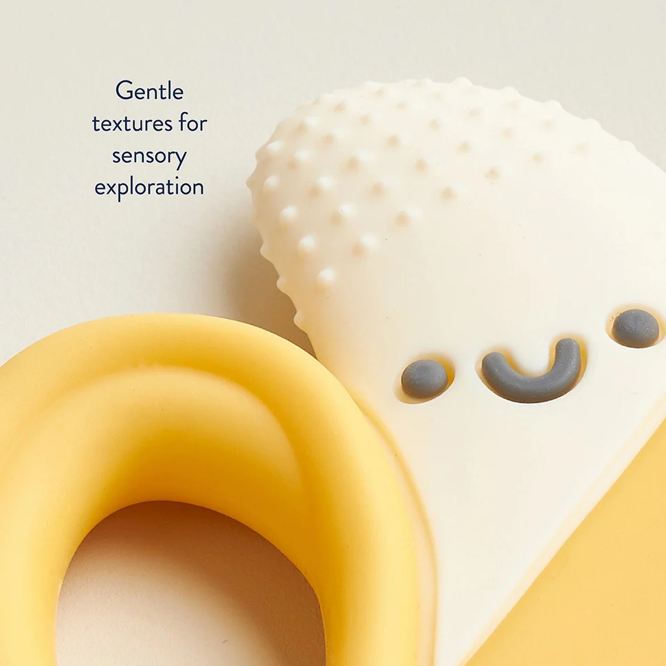 Itzy Ritzy Chew Crew teethers, yellow ring and textured white square