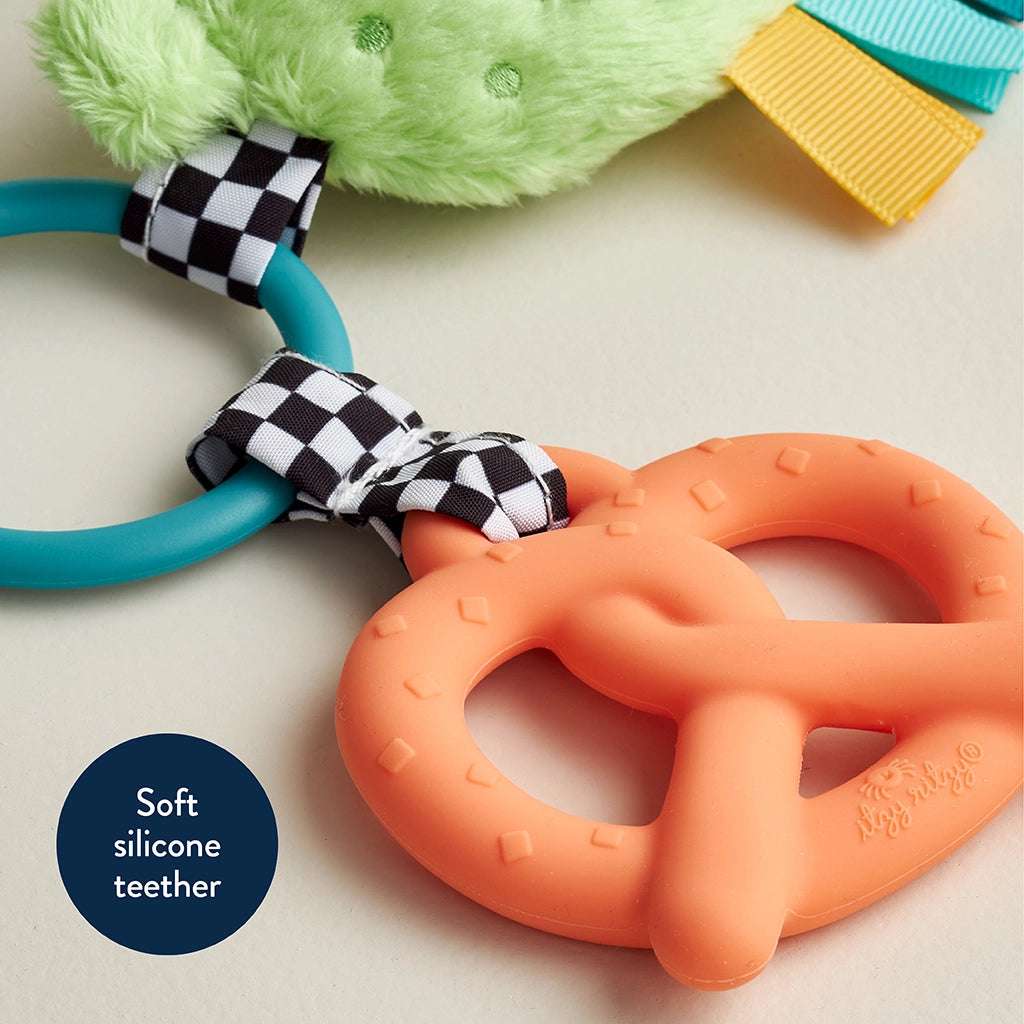 Itzy Ritzy Itzy Pal Parker the Pickle teether with teal ring and check ribbon