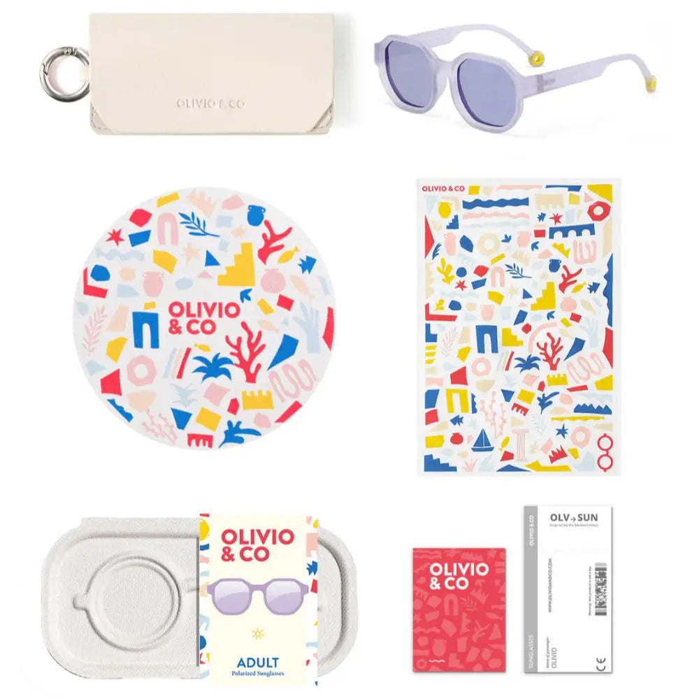 Olivio & Co set, 6 pcs including purple square sunglasses and beige case