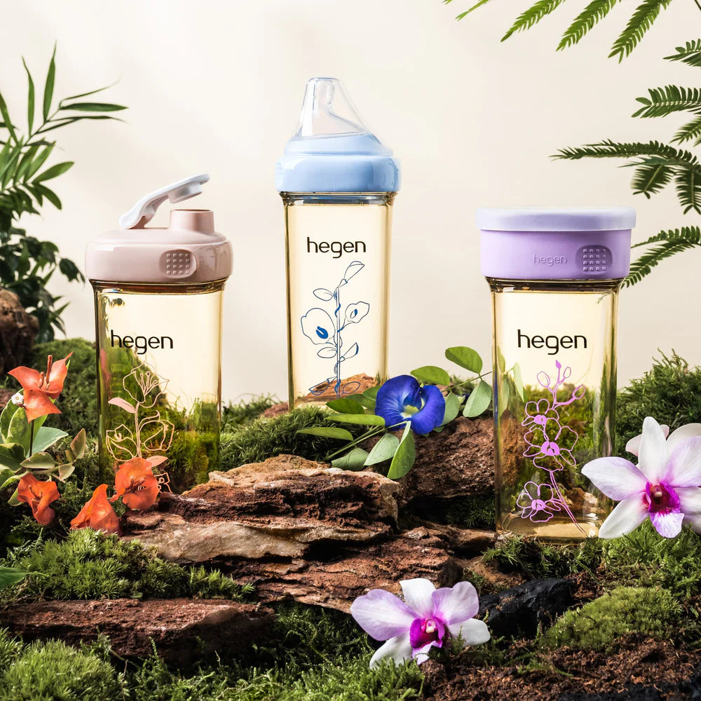 HEGEN PCTO Floral Collection 3-pack baby bottles with pastel lids and botanical prints