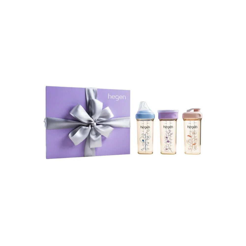 Hegen PCTO Floral Collection gift set with 3 baby bottles (lavender, blue, lilac lids) and purple ribbon gift box