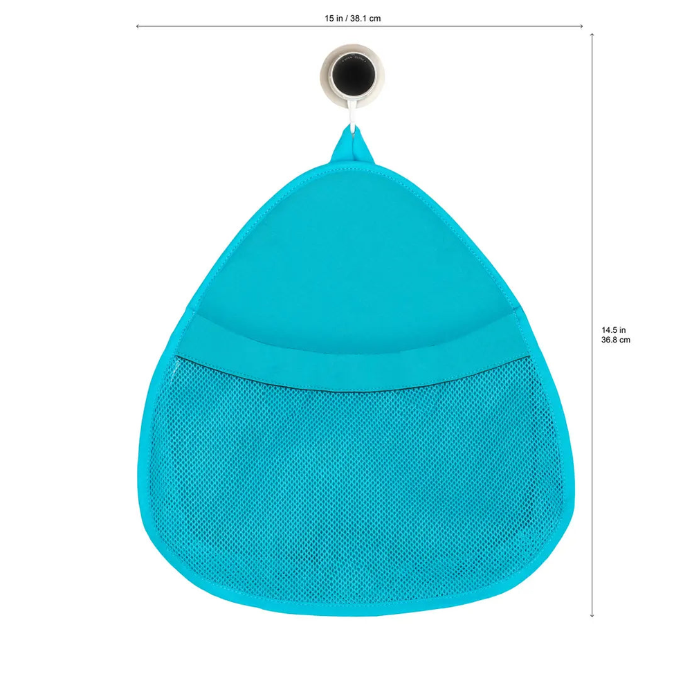 3 Sprouts Bath Storage turquoise mesh hanging organizer bag shown suspended from a bathroom hook.