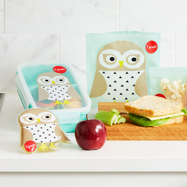 3 Sprouts bento box set with turquoise owl lunch container and two matching snack pouches
