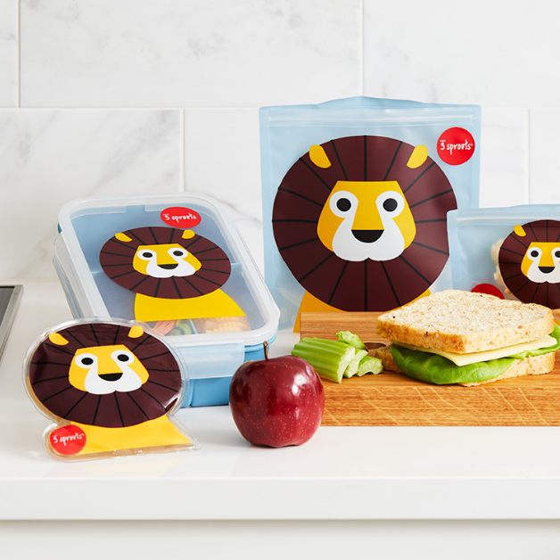 3 Sprouts Bento Box set: lion-face lids on blue containers with a sandwich bag