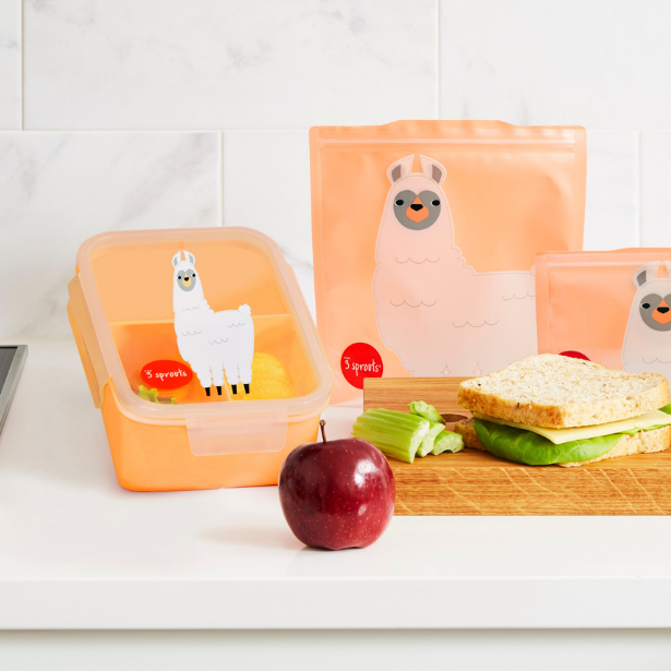 3 Sprouts orange bento box set with llama graphic; includes lunch box, lunch bag and snack pouch