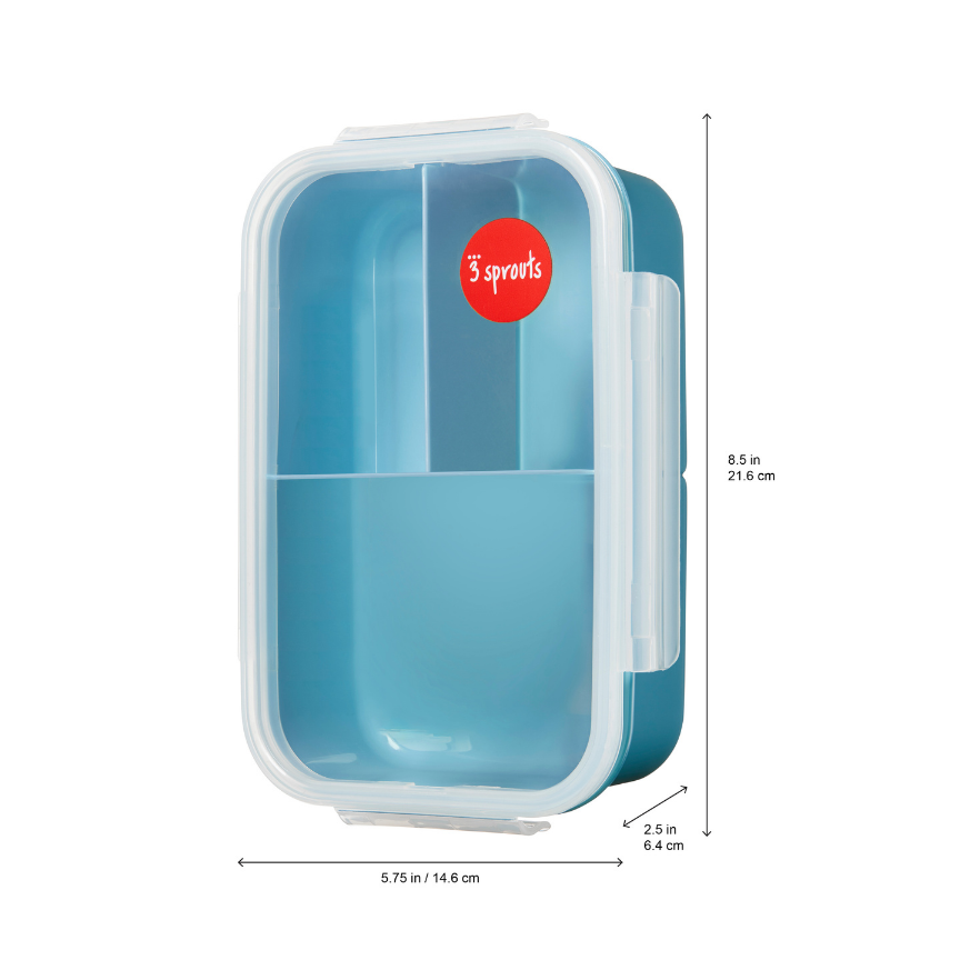 3 Sprouts Bento Box blue plastic lunch box with clear lid