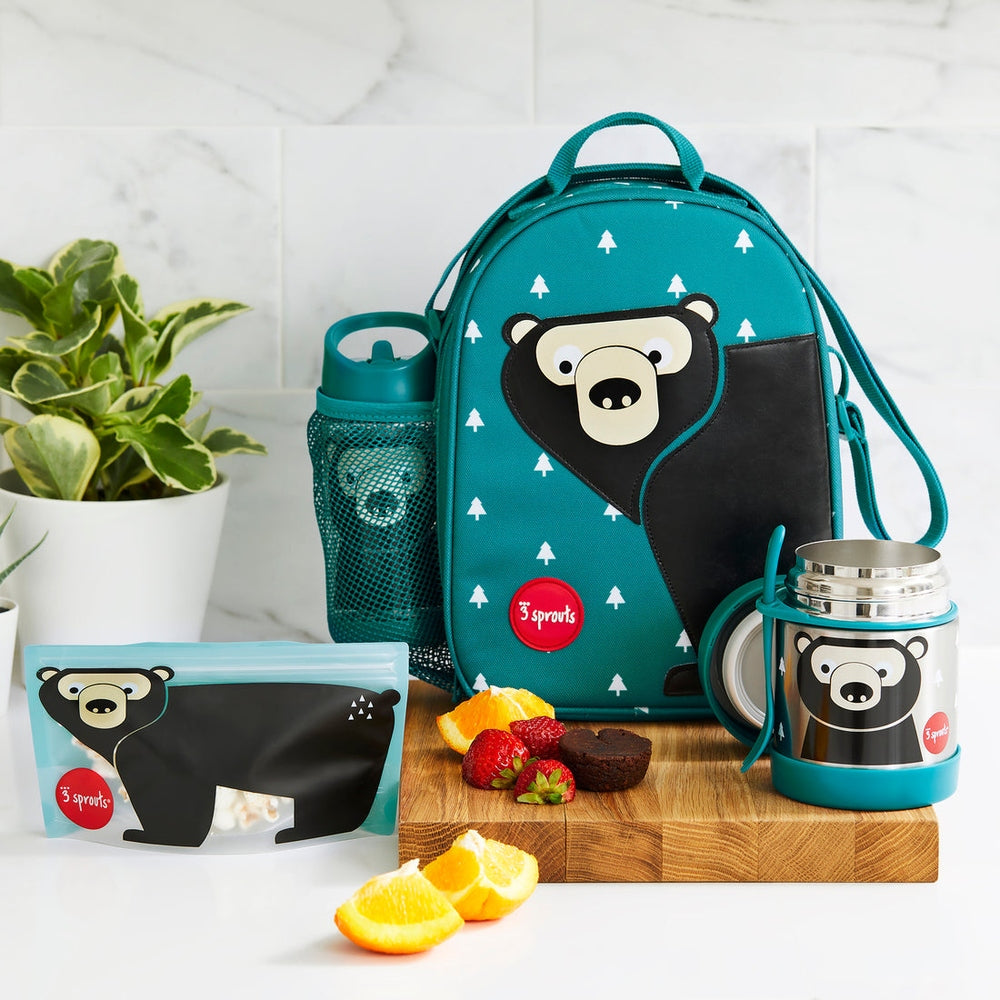 3 Sprouts lunch bag set in teal with bear face, plus matching water bottle and insulated thermos