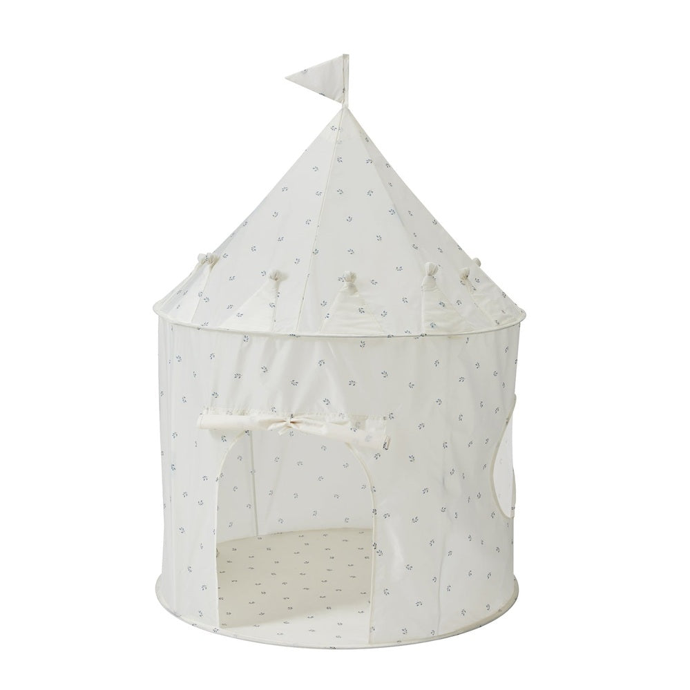 3 Sprouts Recycled Fabric Play Tent Castle in white with tiny blue prints and a flag-topped peak.